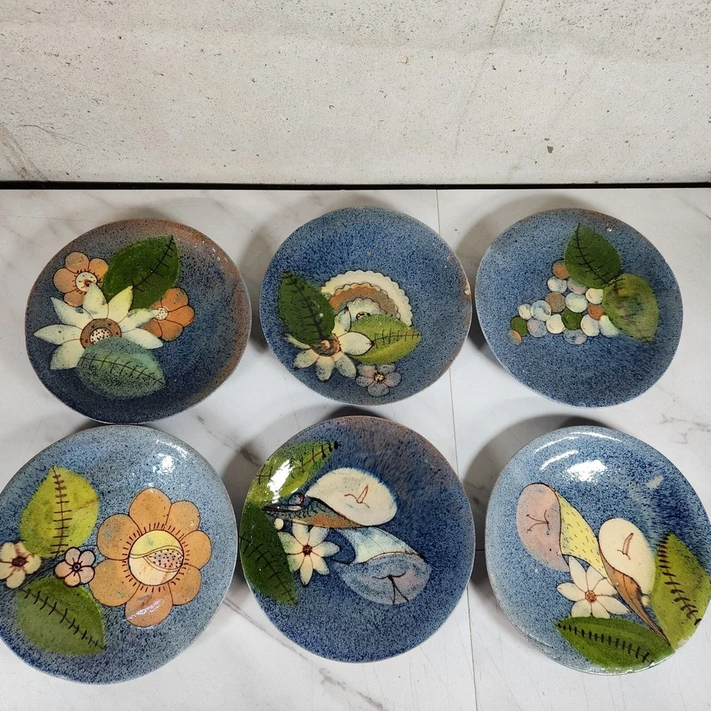 Vintage TLAQUEPAQUE Mexican COFFEE / TEA POT Art Deco‎ Magical Plates Set